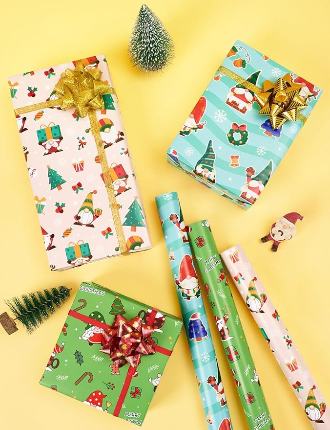 WERNNSAI Weihnachtswichtel Geschenkpapierrollen – 3 Rollen 43,2 x 304,8 cm Weihnachts Geschenkpapierrollen Kinderzwerg Weihnachts Geschenkpapier Jungen und Mädchen Weihnachtspapier mit Schnittlinien