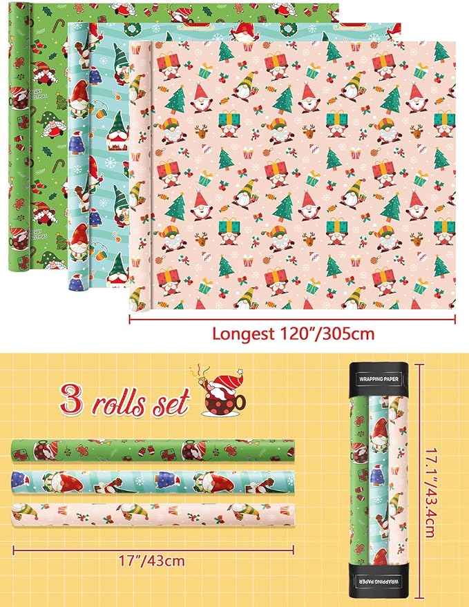 WERNNSAI Weihnachtswichtel Geschenkpapierrollen – 3 Rollen 43,2 x 304,8 cm Weihnachts Geschenkpapierrollen Kinderzwerg Weihnachts Geschenkpapier Jungen und Mädchen Weihnachtspapier mit Schnittlinien