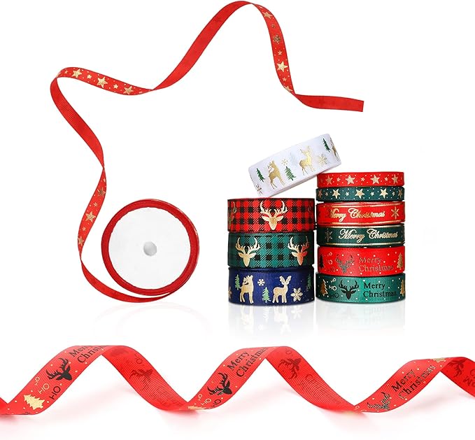 LIHAO 10 x Geschenkband Weihnachten Deko Schleifenband Bedruckte Weihnachtsmotiv Stoffband zum Dekorieren Basteln Satinband Geschenk Bänder (1 Roll / 5 Yards)