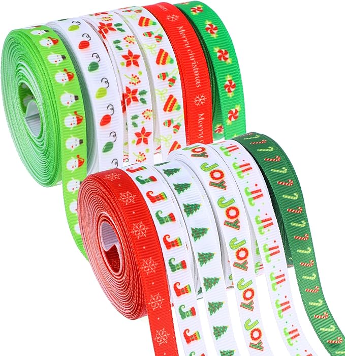 Amabro 12 Rollen Geschenkband Weihnachten,10mm Schleifenband Weihnachten,54.86m Weihnachtsband Zum Verpacken Von Geschenken Weihnachtsbänder Weihnachtsbaum Dekoband für Dekoration (4.57m/Rollen)