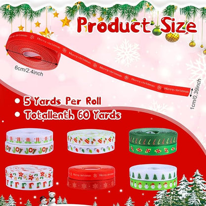 Amabro 12 Rollen Geschenkband Weihnachten,10mm Schleifenband Weihnachten,54.86m Weihnachtsband Zum Verpacken Von Geschenken Weihnachtsbänder Weihnachtsbaum Dekoband für Dekoration (4.57m/Rollen)