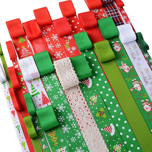 AONER 26 STK / 26 Meter Weihnachtsbänder Ripsband Dekoband Schleifenband Satinband Satin Geschenkband für Weihnachten Hochzeit Verzieren DIY Handwerk Weihnachtsband