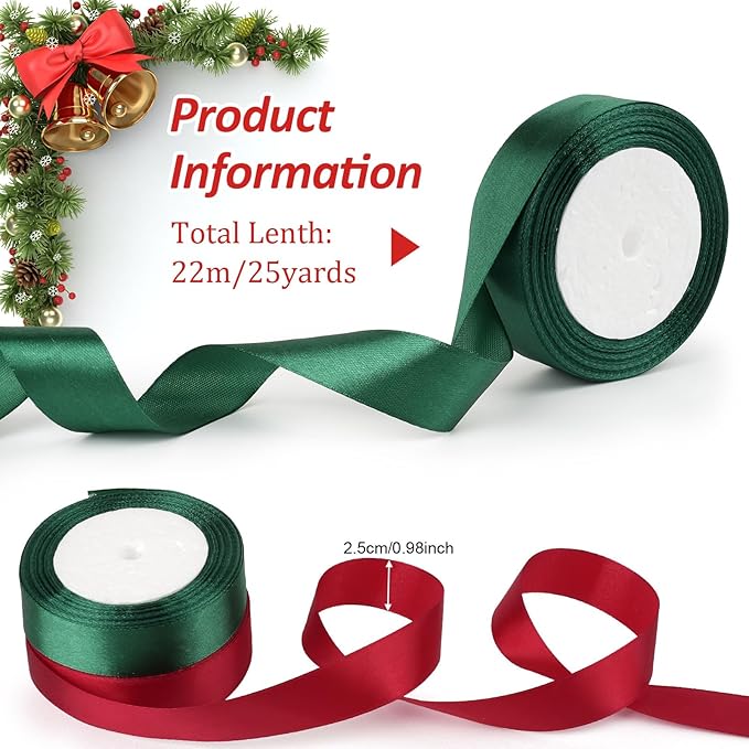 Deepton Satinband Weihnachten, 25mm Geschenkband Weihnachten, 44m Schleifenband Weihnachten, 2 Rollen Weihnachtsband, Geschenkband Breit, Satinband Rot Grün, Geschenkbänder für Weihnachtsdeko Party