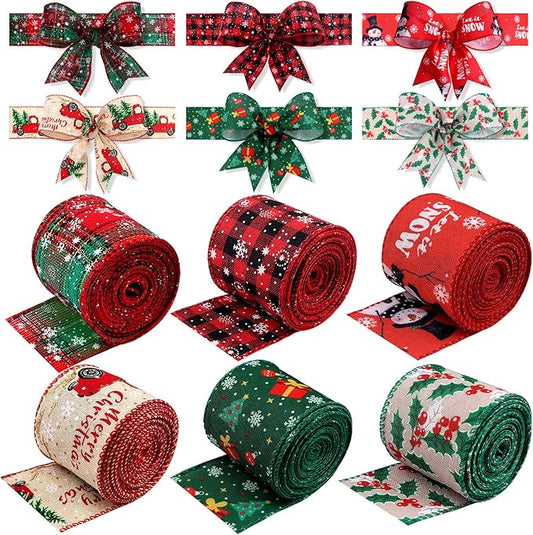 6 Rollen Geschenkband Weihnachten, Kalolary Weihnachten Grosgrain Band Plaid Sackleinen Wired Ribbon Weihnachtsbaum Schneeflocke Plaid Schneemänner Rote Beeren Wired Edge Weihnachtshandwerk Zubehör