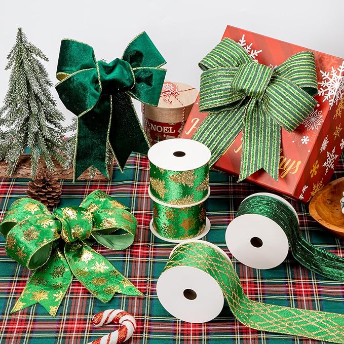 6 Rollen 5 Yard Weihnachten Band Dekorationen Weihnachtsbaumband Geschenkbox Verpackungsband Glitzer Weihnachtsbänder Schleifenband für Geschenk Weihnachtsbaum Dekoration, Grün