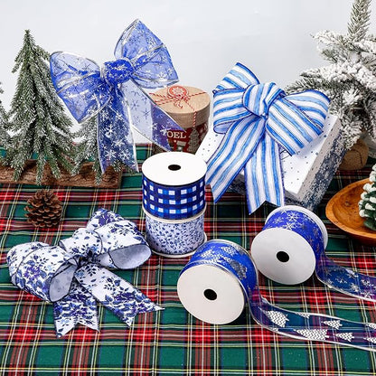 6 Rollen 5 Yard Weihnachten Band Dekorationen Weihnachtsbaumband Geschenkbox Verpackungsband Glitzer Weihnachtsbänder Schleifenband für Geschenk Weihnachtsbaum Dekoration, Blau