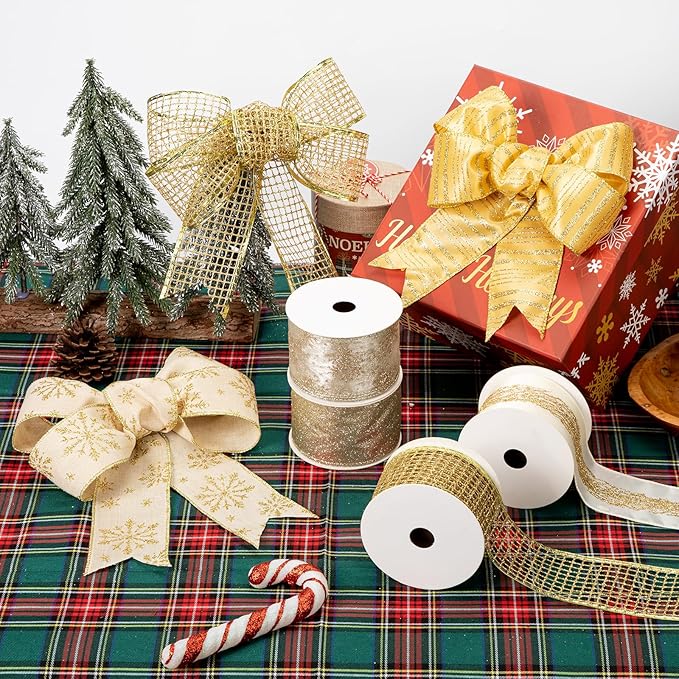 6 Rollen 5 Yard Weihnachten Band Dekorationen Weihnachtsbaumband Geschenkbox Verpackungsband Glitzer Weihnachtsbänder Schleifenband für Geschenk Weihnachtsbaum Dekoration, Sekt