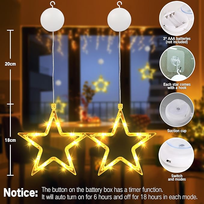 BrizLabs Weihnachtsdeko Fenster Lichter, 2 Stück 10 LED Sterne Weihnachtsbeleuchtung Batterie Innen Weihnachtsstern Lichterkette mit Timer Saugnäpfe für Aussen Balkon Tür Party Hochzeit Deko, Warmweiß