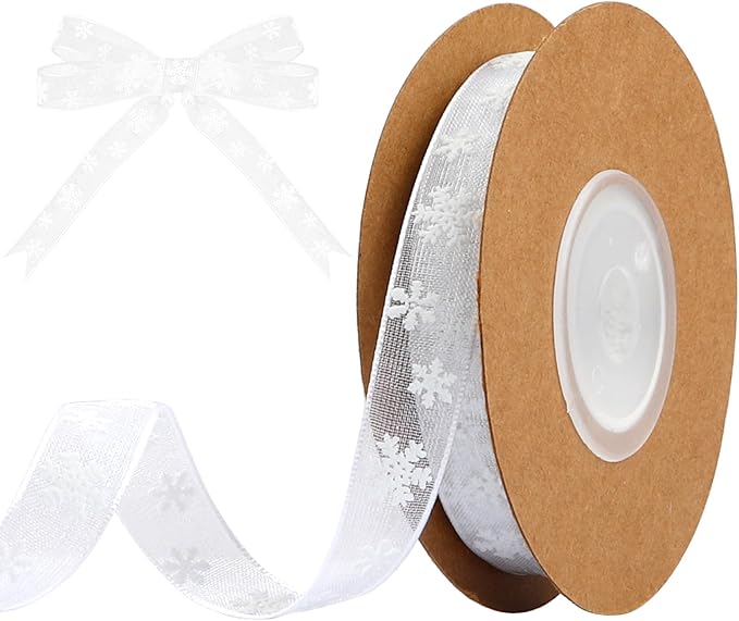 Weihnachtsband,0.4Inch×11 Yards Christmas Ribbon,Geschenkband Weihnachten,Geschenkband Weiss,Geschenkbänder,Weihnachtsbänder,Chiffonband,Organzaband,für Partys,Geschenkverpackungen,Schneeflockenmuster