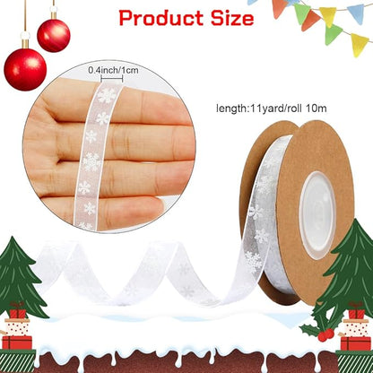 Weihnachtsband,0.4Inch×11 Yards Christmas Ribbon,Geschenkband Weihnachten,Geschenkband Weiss,Geschenkbänder,Weihnachtsbänder,Chiffonband,Organzaband,für Partys,Geschenkverpackungen,Schneeflockenmuster