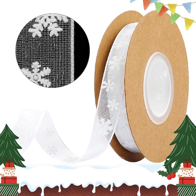 Weihnachtsband,0.4Inch×11 Yards Christmas Ribbon,Geschenkband Weihnachten,Geschenkband Weiss,Geschenkbänder,Weihnachtsbänder,Chiffonband,Organzaband,für Partys,Geschenkverpackungen,Schneeflockenmuster