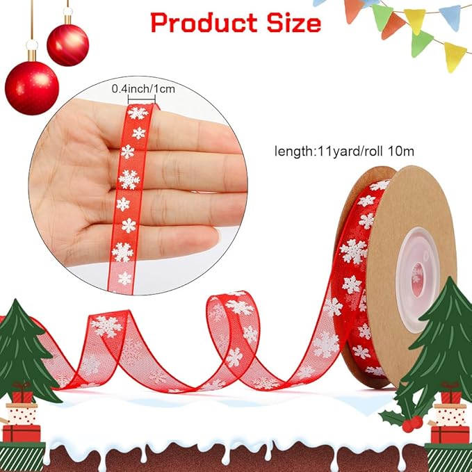 Weihnachtsband,0.4 Inch×11 Yards Christmas Ribbon,Geschenkband Weihnachten,Schleifenband Weihnachten,Geschenkband Rot,Red Band,Rotes Band,Chiffonband,Organzaband,für Partys,Geschenkverpackungen