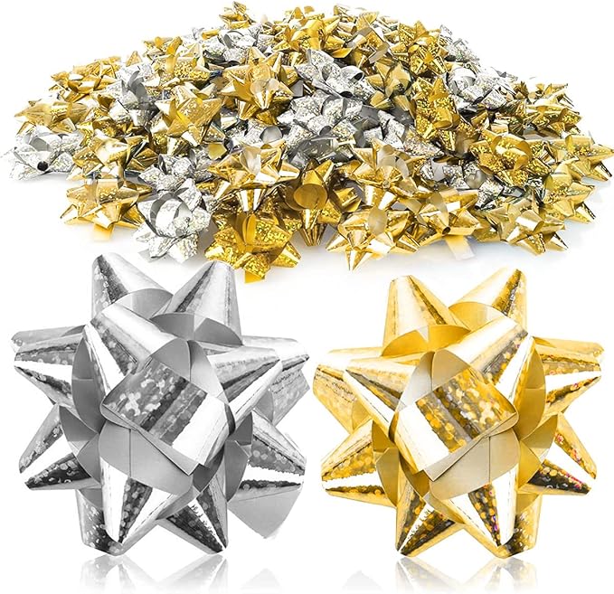 Jonami 100x Geschenkschleifen Selbstklebend Kleine Dekoschleifen - Fertigschleife für Weihnachten, Geburtstag und Hochzeit, Ø 5 cm, Gold & Silber