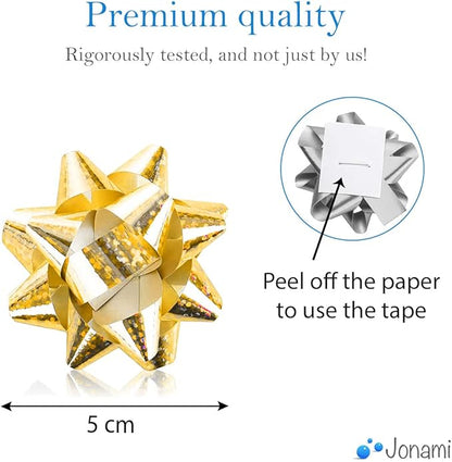 Jonami 100x Geschenkschleifen Selbstklebend Kleine Dekoschleifen - Fertigschleife für Weihnachten, Geburtstag und Hochzeit, Ø 5 cm, Gold & Silber