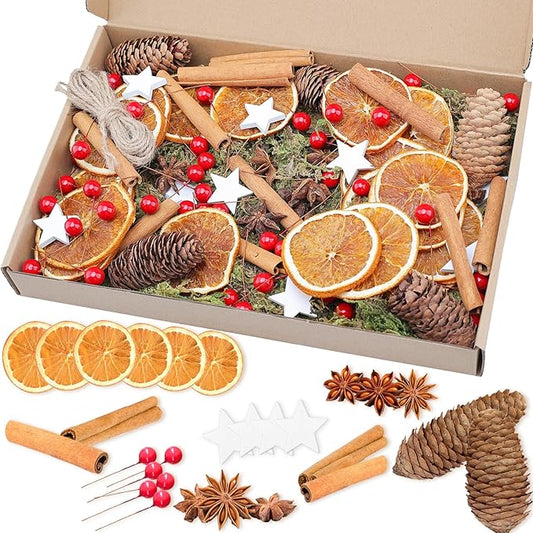 107 Stück Weihnachtskranz Deko, Potpourri Weihnachten, Adventskranz Bastelset mit Tannenzapfen, Beeren, Zimtstangen, Getrocknete Orangenscheiben, Sternanis, Juteschnur, Moos, und Pentagramm