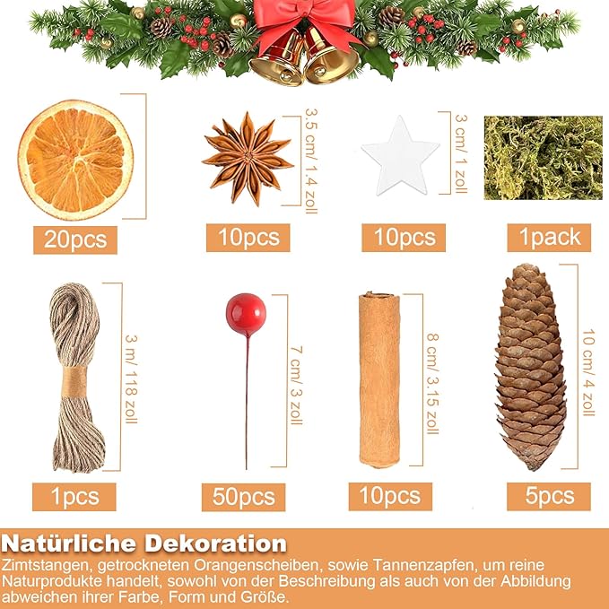 107 Stück Weihnachtskranz Deko, Potpourri Weihnachten, Adventskranz Bastelset mit Tannenzapfen, Beeren, Zimtstangen, Getrocknete Orangenscheiben, Sternanis, Juteschnur, Moos, und Pentagramm