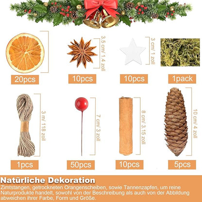 107 Stück Weihnachtskranz Deko, Potpourri Weihnachten, Adventskranz Bastelset mit Tannenzapfen, Beeren, Zimtstangen, Getrocknete Orangenscheiben, Sternanis, Juteschnur, Moos, und Pentagramm