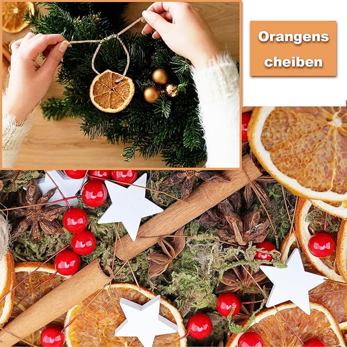 107 Stück Weihnachtskranz Deko, Potpourri Weihnachten, Adventskranz Bastelset mit Tannenzapfen, Beeren, Zimtstangen, Getrocknete Orangenscheiben, Sternanis, Juteschnur, Moos, und Pentagramm