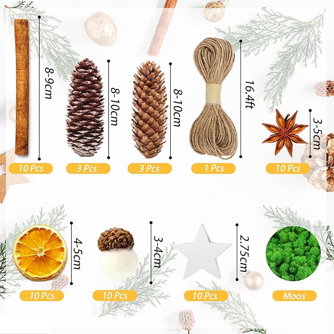 56 Stück Weihnachtskranz Deko, Adventskranz Zubehör, Getrocknete Orangenscheiben, Apfelscheiben, Zimtstangen, Sternanis, Pentagramm, Tannenzapfen, Moos Für Adventskranz Deko Set