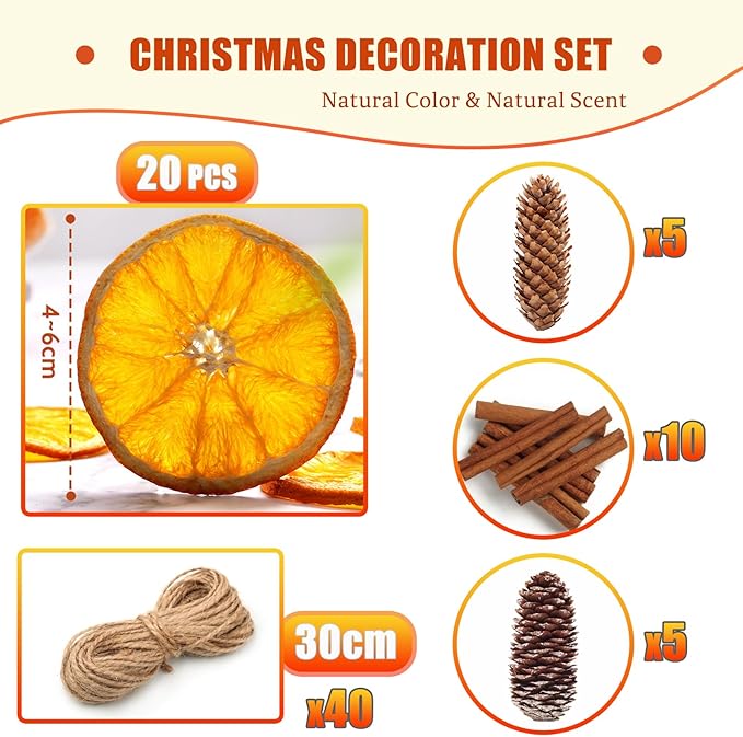 20x getrocknete Orangenscheiben 10x Zimtstangen, und 10x Tannenzapfen Weihnachtskranz Deko Natur Dekoration Weihnachten Adventskranz（with 40Pcs*30cm Juteseil）