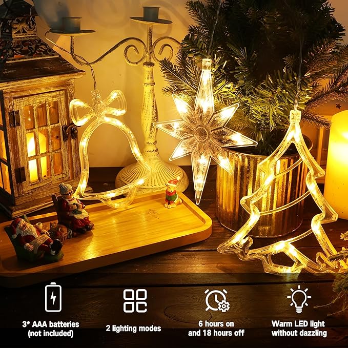 BrizLabs Fenster Weihnachtsbeleuchtung, 3 Stück Innen Fensterlichter Weihnachtsbaum Glocke Nordstern Batteriebetriebene Hängend Saugnäpfe für Weihnachten Bäume Haus Außen Garten Balkon Party, Warmweiß