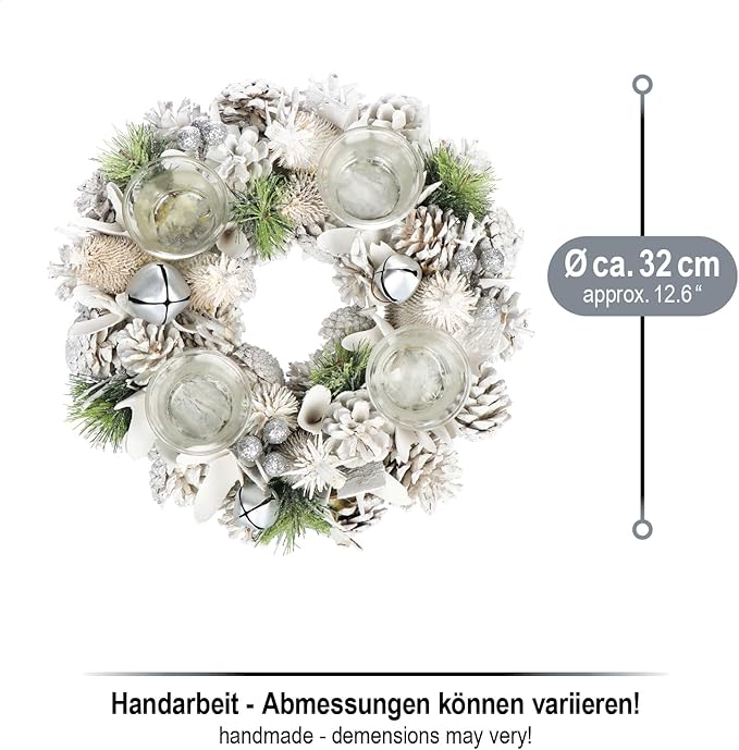 com-four® Tischkranz für Weihnachten - weißer Adventskranz mit Glitzer - Dekokranz mit 4 Teelichthaltern - Weihnachtskranz mit Kerzenhalter (Adventskranz L)