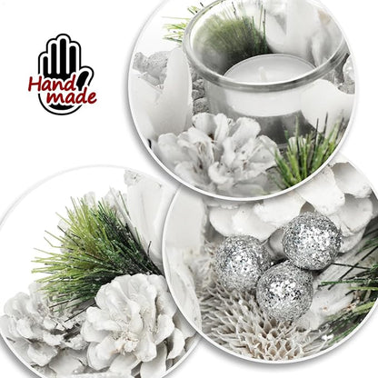 com-four® Tischkranz für Weihnachten - weißer Adventskranz mit Glitzer - Dekokranz mit 4 Teelichthaltern - Weihnachtskranz mit Kerzenhalter (Adventskranz XL)