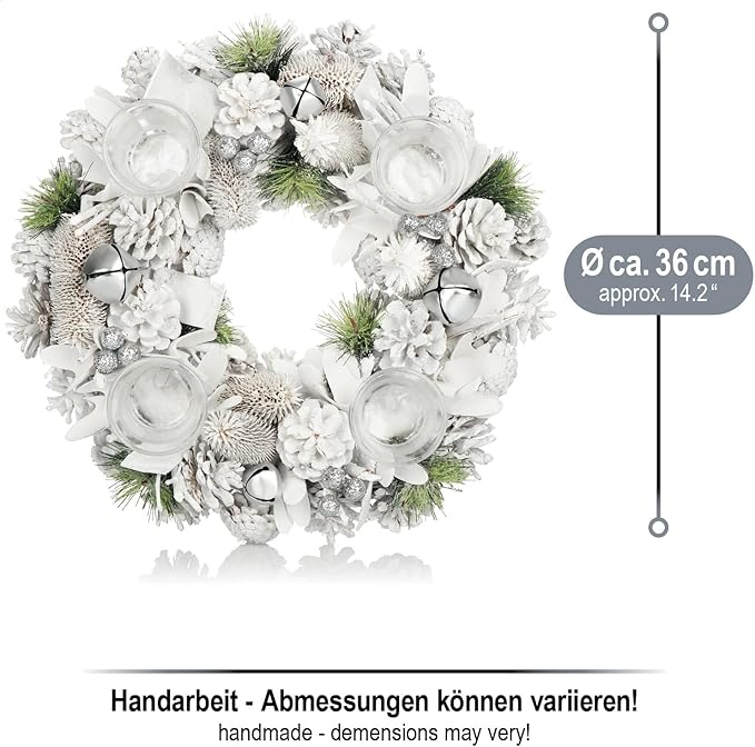 com-four® Tischkranz für Weihnachten - weißer Adventskranz mit Glitzer - Dekokranz mit 4 Teelichthaltern - Weihnachtskranz mit Kerzenhalter (Adventskranz XL)