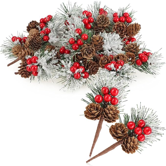 com-four® 20x Deko-Zweig mit Lärchenzapfen, roten Beeren und Baumnadeln - Streudeko weihnachtlich - Dekozweig für Kränze und Gestecke (20 Stück - rote Beeren weiß)