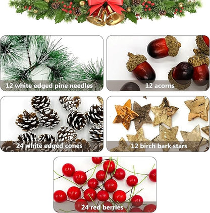 Bastelzubehör für Weihnachtskranz Adventskranz, 108 Stück Bastelzubehör für Adventskranz, Adventskranz Deko mit Tannenzapfen Birkensterne Beeren Tannenzweige, Weihnachtskranz Deko DIY Handwerk