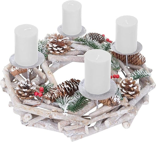 Adventskranz rund, Weihnachtsdeko Tischkranz, Holz Ø 35cm weiß-grau - mit Kerzen, weiß