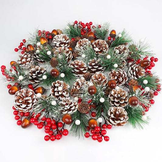 Fangoo 140Stücke Natürliche Tannenzapfen Künstliche Tannenzweige Eicheln Beeren Kiefernnadeln für Weihnachtsbaum Basteln DIY Deko für Adventskranz Deko Tischdeko Thanksgivin