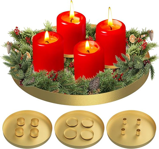 3 in 1 Magnetischen Kerzentablett, 30cm Adventskranz Metall Kerzenhalter Stumpenkerze, Stabkerzen, Magnet Kerzen Leuchter Ständer, Magnetischen Teelichter Deko Kerzenhaltern für Weihnachten (Gold)