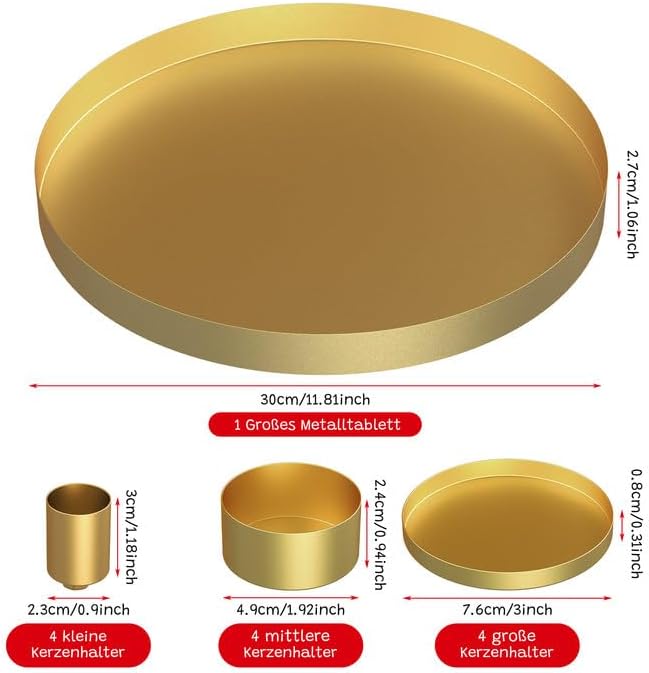 3 in 1 Magnetischen Kerzentablett, 30cm Adventskranz Metall Kerzenhalter Stumpenkerze, Stabkerzen, Magnet Kerzen Leuchter Ständer, Magnetischen Teelichter Deko Kerzenhaltern für Weihnachten (Gold)