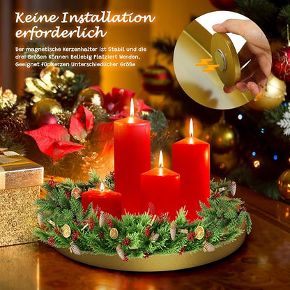 3 in 1 Magnetischen Kerzentablett, 30cm Adventskranz Metall Kerzenhalter Stumpenkerze, Stabkerzen, Magnet Kerzen Leuchter Ständer, Magnetischen Teelichter Deko Kerzenhaltern für Weihnachten (Gold)