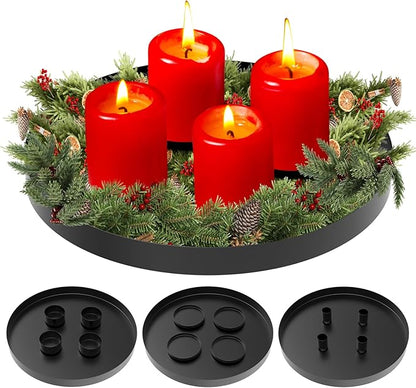 3 in 1 Magnetischen Kerzentablett, 30cm Adventskranz Metall Kerzenhalter Stumpenkerze, Stabkerzen, Magnet Kerzen Leuchter Ständer, Magnetischen Teelichter Deko Kerzenhaltern für Weihnachten (Schwarz)