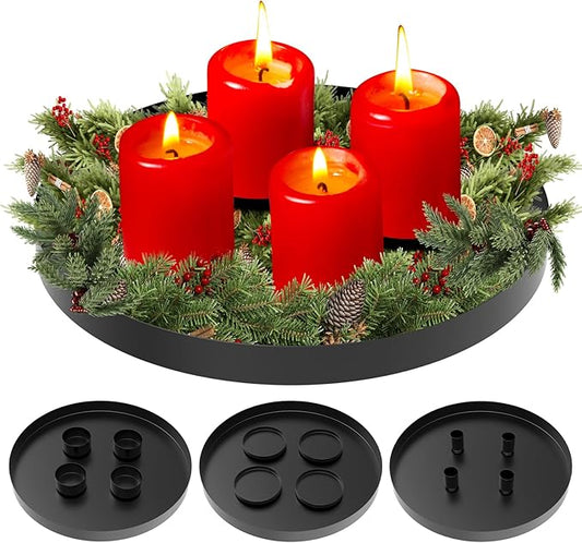 3 in 1 Magnetischen Kerzentablett, 30cm Adventskranz Metall Kerzenhalter Stumpenkerze, Stabkerzen, Magnet Kerzen Leuchter Ständer, Magnetischen Teelichter Deko Kerzenhaltern für Weihnachten (Schwarz)