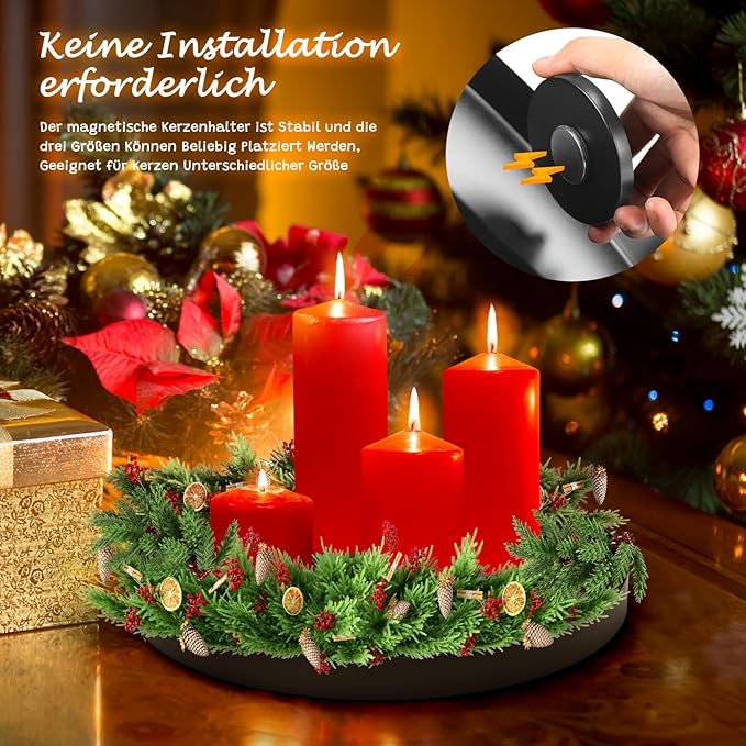 3 in 1 Magnetischen Kerzentablett, 30cm Adventskranz Metall Kerzenhalter Stumpenkerze, Stabkerzen, Magnet Kerzen Leuchter Ständer, Magnetischen Teelichter Deko Kerzenhaltern für Weihnachten (Schwarz)