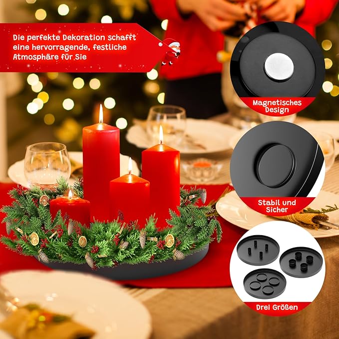 3 in 1 Magnetischen Kerzentablett, 30cm Adventskranz Metall Kerzenhalter Stumpenkerze, Stabkerzen, Magnet Kerzen Leuchter Ständer, Magnetischen Teelichter Deko Kerzenhaltern für Weihnachten (Schwarz)