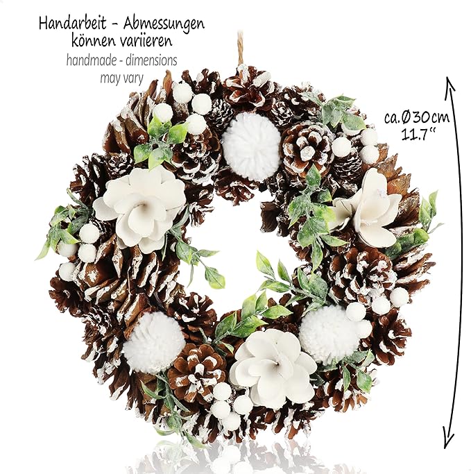 com-four® Türkranz Weihnachten - Adventskranz mit Zapfen, Beeren, Puscheln und Blüten - Dekokranz - Weihnachtsdeko - Tischkranz - Weihnachtskranz