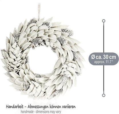 com-four® Türkranz für Weihnachten - weißer Adventskranz mit Blättern und Zapfen - Dekokranz - Weihnachtsdeko - Tischkranz - Weihnachtskranz