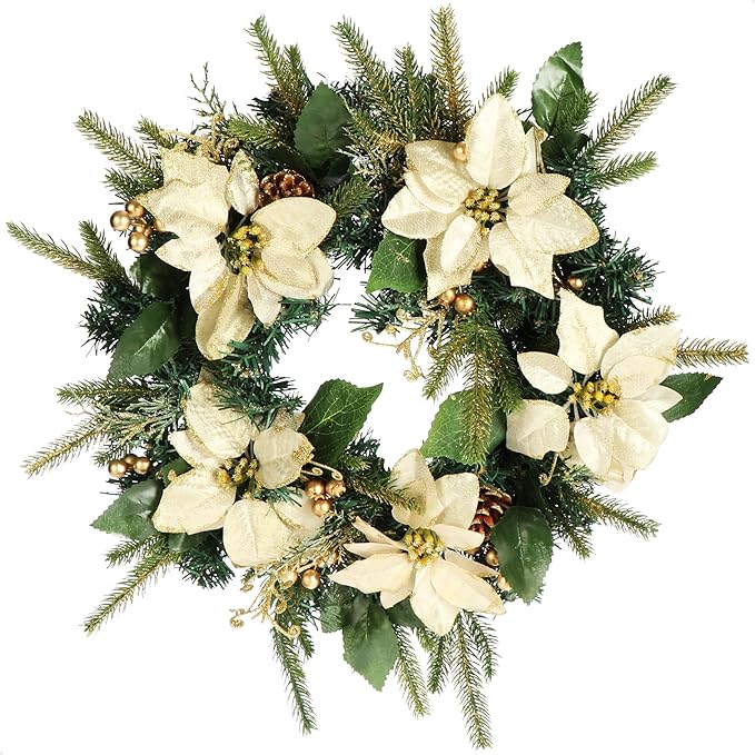 com-four® Türkranz Weihnachten - Adventskranz mit Zapfen, Blüten und goldfarbenen Kugeln - Dekokranz - Weihnachtsdeko - Tischkranz - Weihnachtskranz (grün/beige/goldfarben)