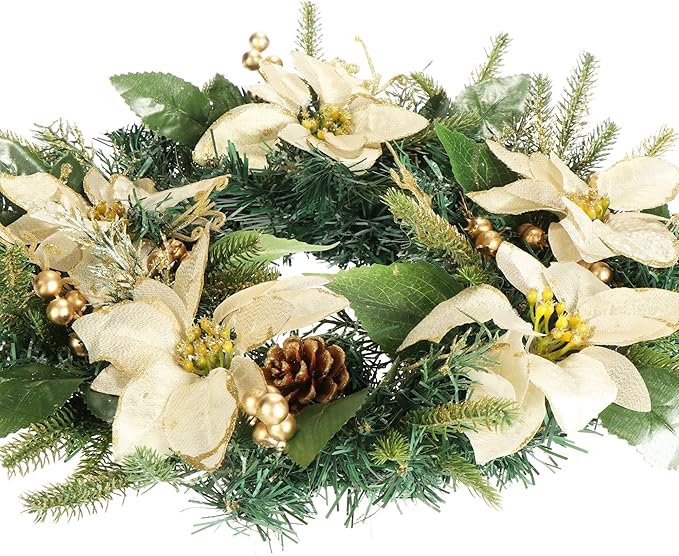 com-four® Türkranz Weihnachten - Adventskranz mit Zapfen, Blüten und goldfarbenen Kugeln - Dekokranz - Weihnachtsdeko - Tischkranz - Weihnachtskranz (grün/beige/goldfarben)