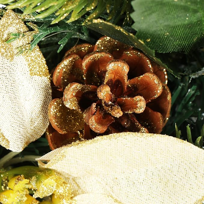 com-four® Türkranz Weihnachten - Adventskranz mit Zapfen, Blüten und goldfarbenen Kugeln - Dekokranz - Weihnachtsdeko - Tischkranz - Weihnachtskranz (grün/beige/goldfarben)