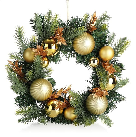 COM-FOUR® Türkranz Weihnachten - Adventskranz mit Christbaumkugeln und Zweigen - Dekokranz Ø ca. 30 cm - Weihnachtsdeko - Tischkranz - Weihnachtskranz (goldfarben/bronzefarben - Kugeln/Zweige)