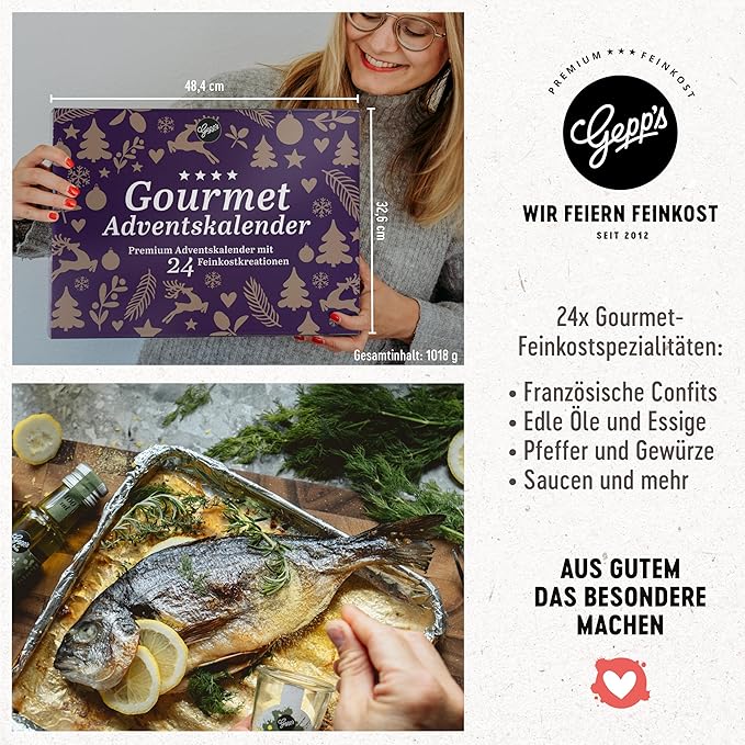 Gepp's Premium Adventskalender für Feinschmecker I 24 ausgefallene Gewürze, Dips & französische Konfitüren sowie Öl & Essig Spezialitäten I Kulinarischer Weihnachtskalender für Männer & Frauen