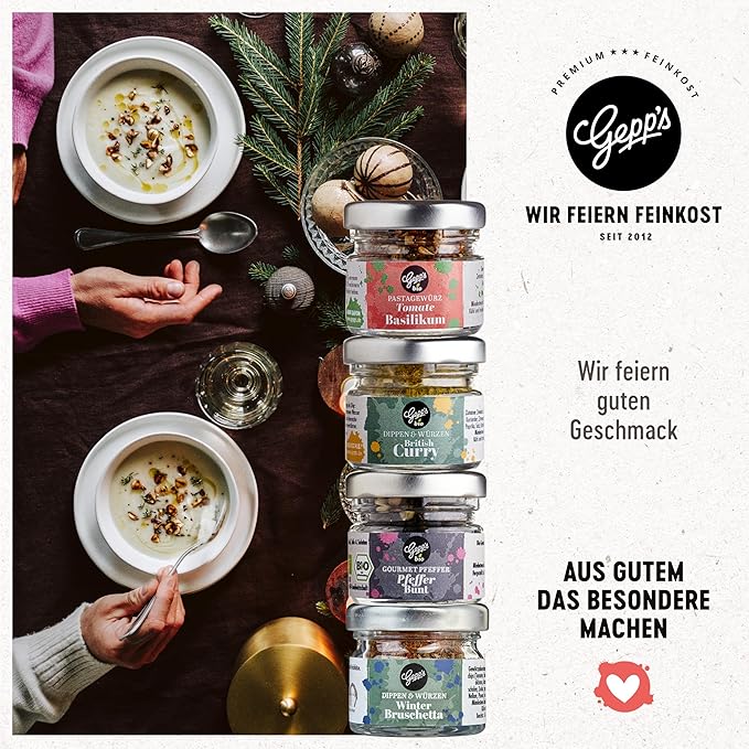 Gepp's Premium Adventskalender für Feinschmecker I 24 ausgefallene Gewürze, Dips & französische Konfitüren sowie Öl & Essig Spezialitäten I Kulinarischer Weihnachtskalender für Männer & Frauen