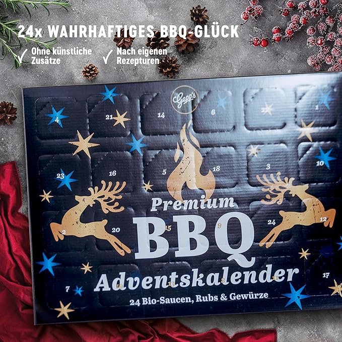 Gepp’s BBQ Adventskalender I Feinkost Kalender mit 24 Überraschungen für die Adventszeit I Geschenk für Männer & Frauen mit ausgefallenen Saucen, Gewürze, Rubs & Dips zum Kochen und Grillen