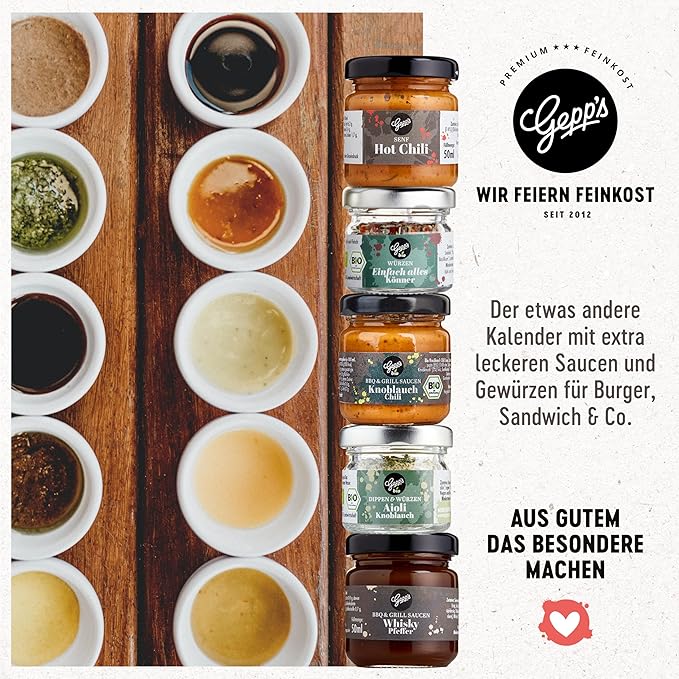 Gepp’s BBQ Adventskalender I Feinkost Kalender mit 24 Überraschungen für die Adventszeit I Geschenk für Männer & Frauen mit ausgefallenen Saucen, Gewürze, Rubs & Dips zum Kochen und Grillen