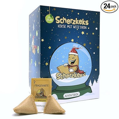 Scherzkeks Adventsbox mit 24 Keksen | Glückskekse mit lustigen Fragen & Antworten in dekorativer Weihnachtsbox, als Adventskalender, zu Weihnachten, Nikolaus, zum Wichteln, Silvester, Geschenk Set